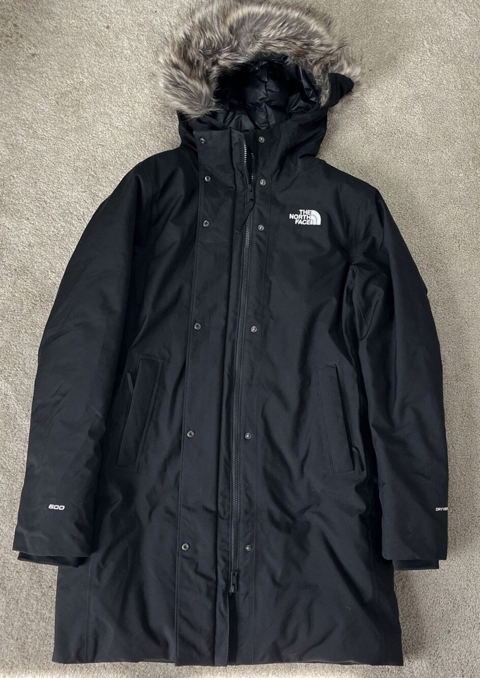 North Face Arctic Parka Womens Medium 600 Down Dryvent Black Fur Hooded Thick